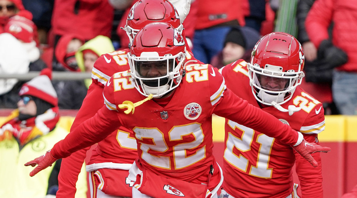 Juan Thornhill celebrates after an interception against the Seahawks